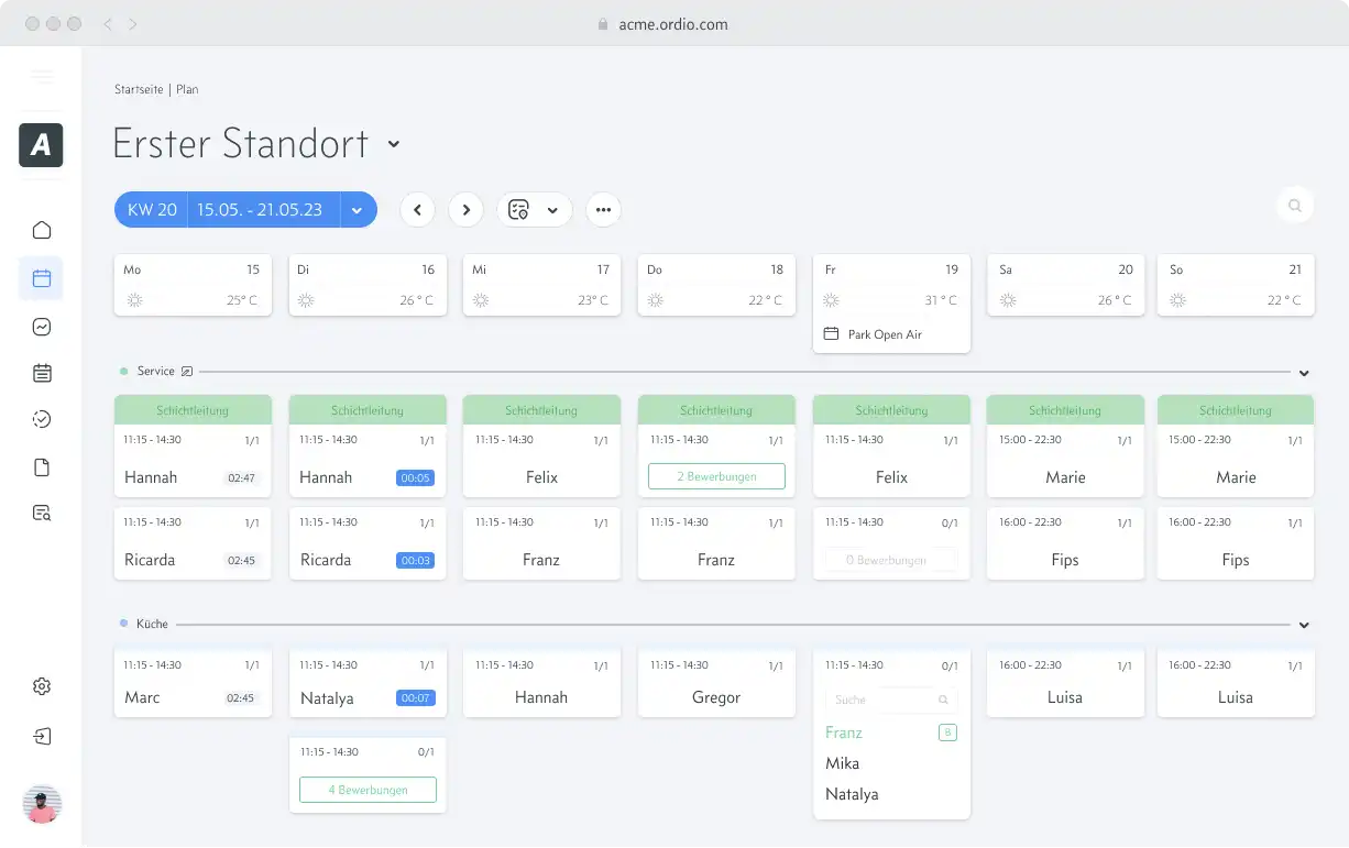 web screenshot Ordio Schichtplan