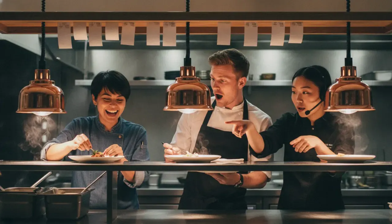 Restaurant-Pass im Peak — Team lacht und reicht Teller durch