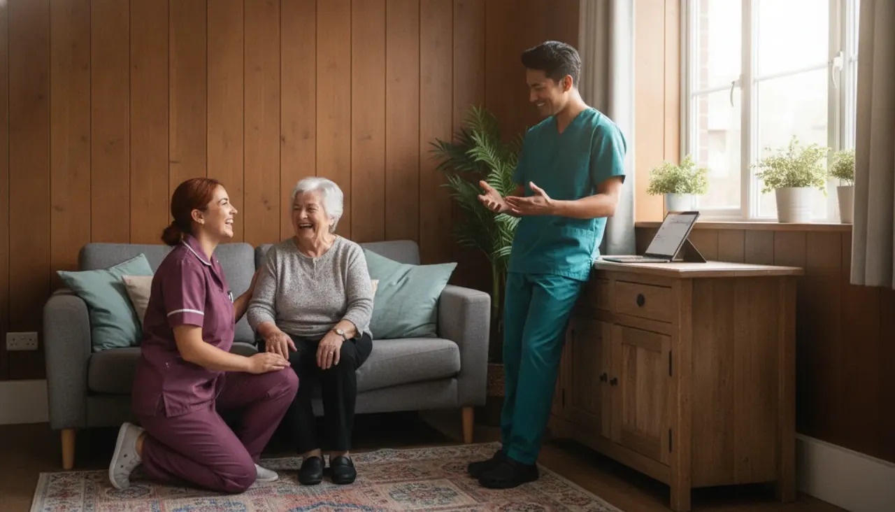 Pflege-Tagesraum — gemeinsames Lachen mit Bewohnerin im Schichtalltag