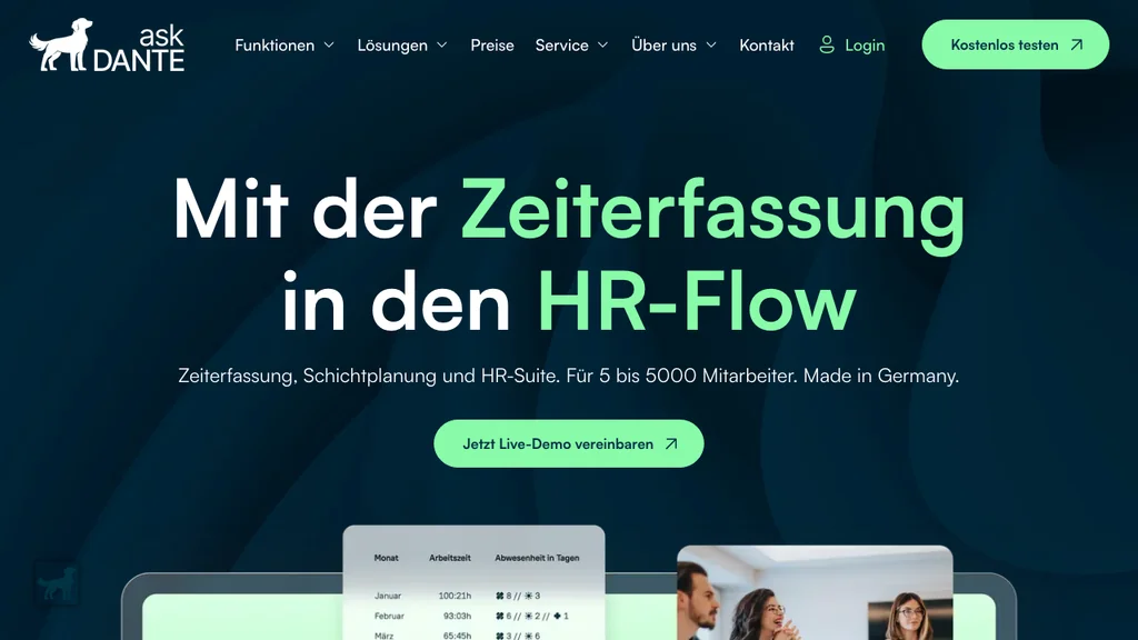 askDANTE Zeiterfassung-Software: Dunkle Hero-Sektion mit grüner Zeiterfassungs-Headline und Kalender-Widget (Screenshot August 2026)
