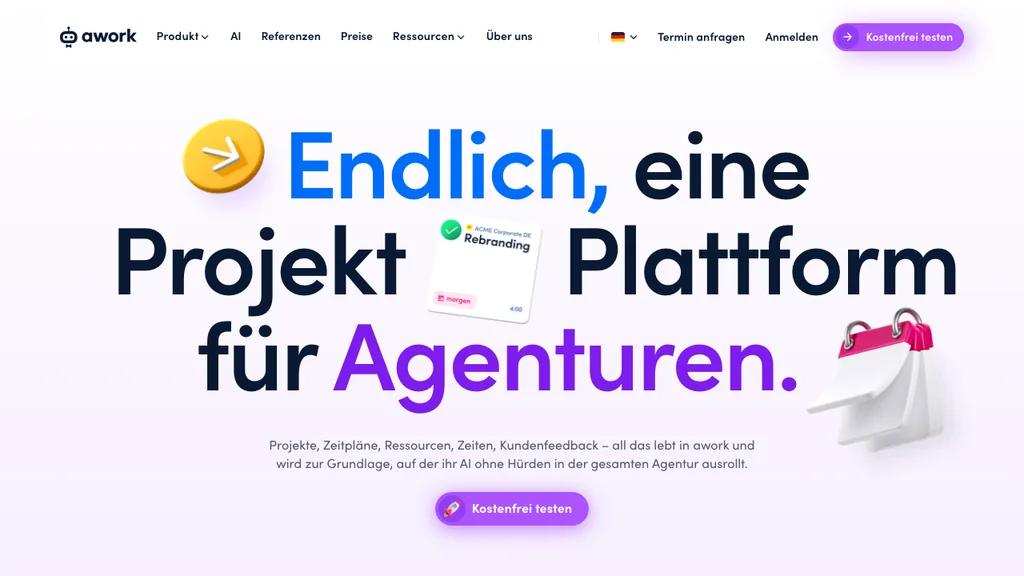 awork Projektmanagement-Software: Headline für Agenturen mit 3D-Kalender und Aufgabenkarte zum Rebranding (Screenshot August 2026)