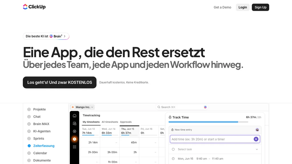 ClickUp Projektmanagement-Software: Dashboard-Mockup mit Marketing-Aufgabenliste und linker Projekt-Sidebar (Screenshot August 2026)