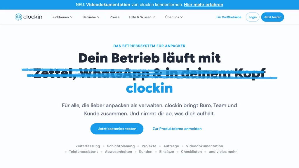 clockin Zeiterfassung-Software: Durchgestrichene Zettel-Headline mit großem clockin-Logo und Test-Button (Screenshot August 2026)