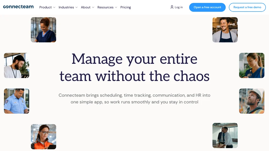Connecteam Schichtplanung-Software: Headline umgeben von Porträtfotos verschiedener Berufsgruppen in Arbeitskleidung (Screenshot August 2026)
