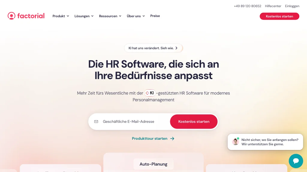Factorial HR-Software: Headline zur KI-HR-Software mit E-Mail-Feld und Kostenlos-starten-Button (Screenshot August 2026)