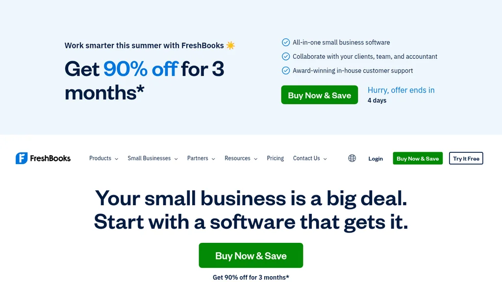 FreshBooks Buchhaltung-Software: Rabatt-Banner und Headline zu Small-Business-Software mit Rechnungsbild (Screenshot August 2026)