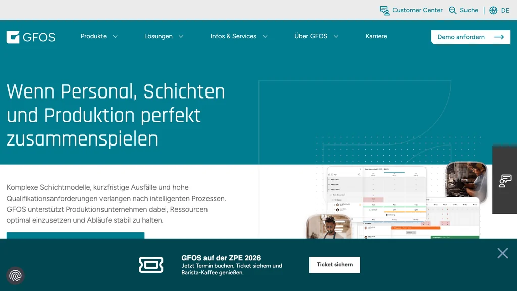GFOS Schichtplanung-Software: Teal-Hero mit Schichtplan-Mockup und Produktions-Headline über Personal (Screenshot August 2026)