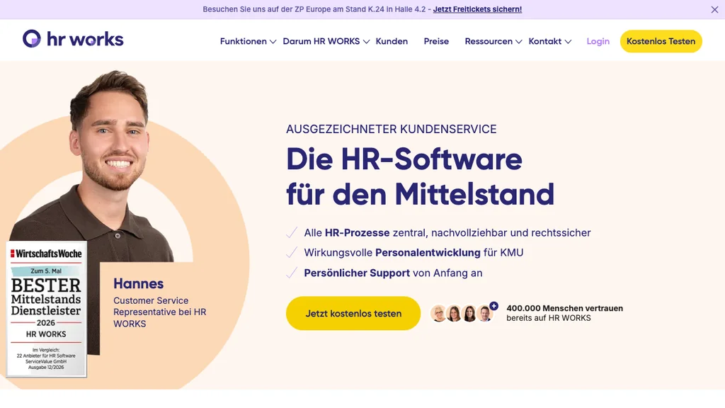 HR WORKS HR-Software: Kundenbetreuer mit WirtschaftsWoche-Auszeichnung und HR-Mittelstands-Headline (Screenshot August 2026)