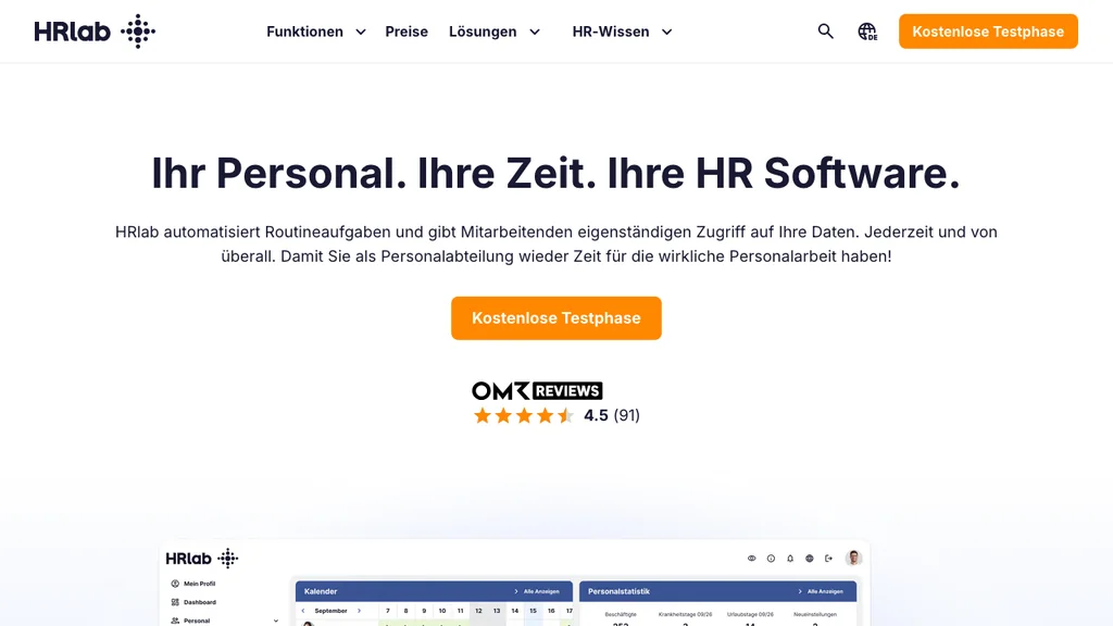 HRlab HR-Software: Headline Ihr Personal, Ihre Zeit mit Dashboard zu Kalender und Zeiterfassung (Screenshot August 2026)