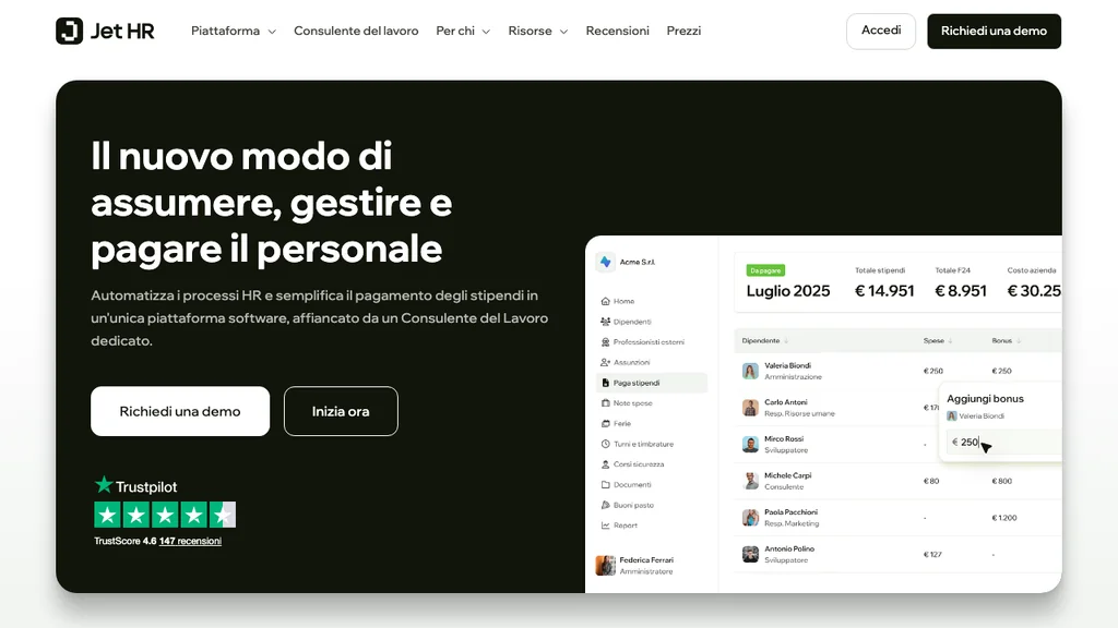 Jet HR HR-Software: Italienische Headline mit Firmensuchfeld, Trustpilot-Sternen und Dashboard (Screenshot August 2026)