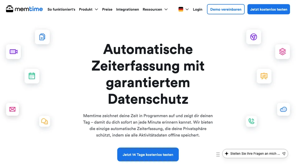 Memtime Zeiterfassung-Software: Headline zur automatischen Zeiterfassung umgeben von App-Icons-Kreis (Screenshot August 2026)
