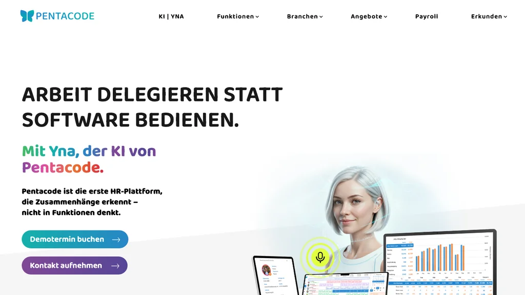 Pentacode HR-Software: KI-Avatar Yna vor Schichtplan-Dashboards unter Delegieren-Headline (Screenshot August 2026)