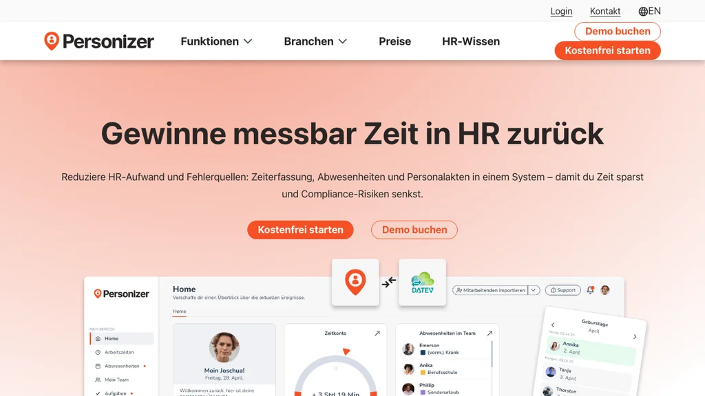 Personizer Zeiterfassung-Software: Dashboard mit Zeitkonto-Tacho, Team-Abwesenheiten und DATEV-Verknüpfung (Screenshot August 2026)