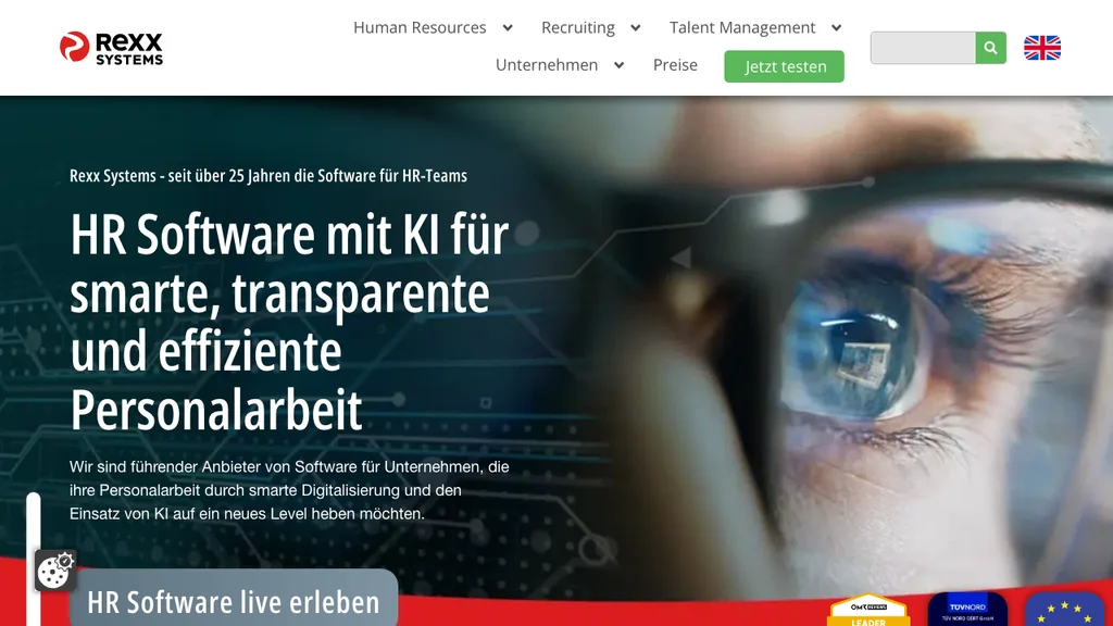 Rexx Systems HR-Software: KI-HR-Headline über technologischem Augen-Porträt mit Schaltkreisen (Screenshot August 2026)