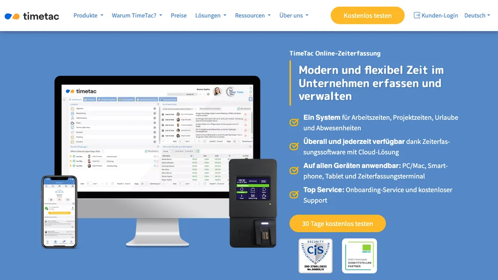 TimeTac Zeiterfassung-Software: Monitor, Smartphone und Zeiterfassungsterminal zeigen TimeTac-Oberfläche (Screenshot August 2026)