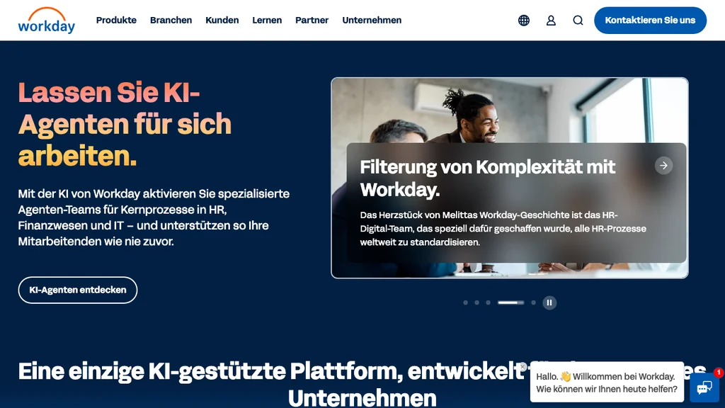 Workday HR-Software: Dunkelblauer Hero mit KI-Agenten-Headline und Video-Vorschaubild rechts (Screenshot August 2026)