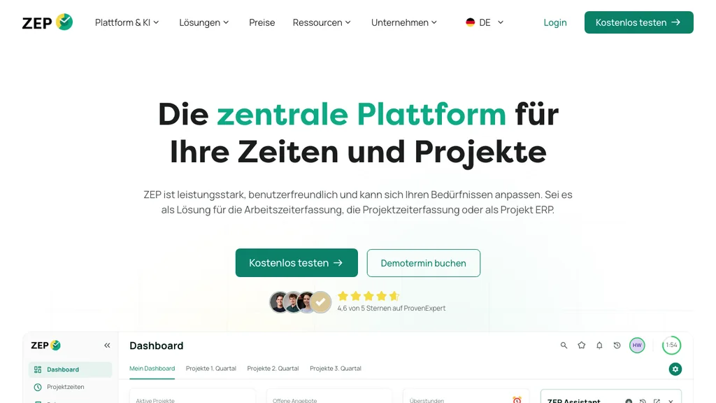 ZEP Zeiterfassung-Software: Grüne Headline zur Plattform für Zeiten und Projekte mit Dashboard-Ausschnitt (Screenshot August 2026)