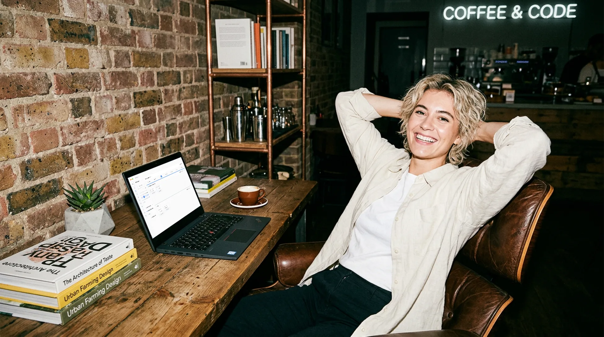 Blonde Managerin entspannt im braunen Ledersessel mit Laptop und Kaffee