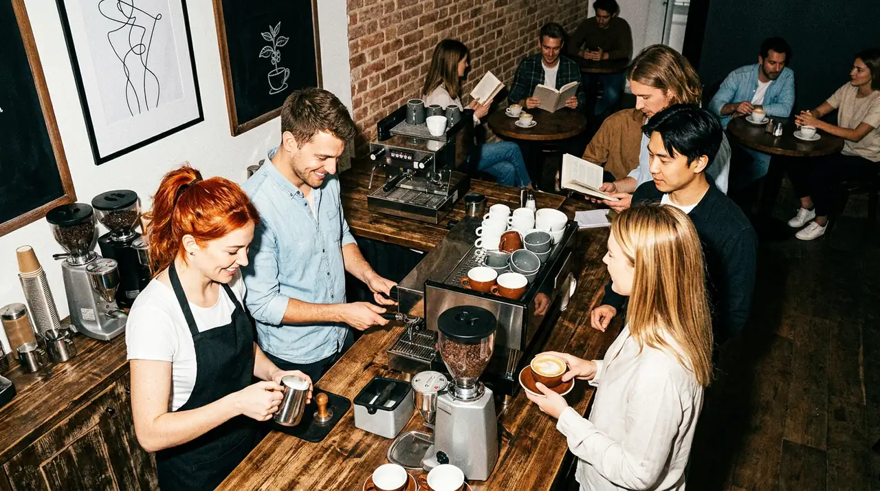 Café-Team aus der Vogelperspektive — Baristas an der Espressotheke