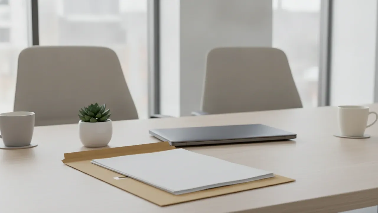 HR manager and colleague review departure paperwork at an office desk — illustrating orderly employee exit planning.