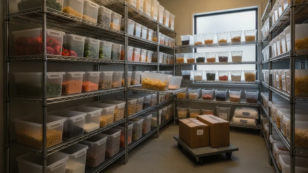 Restaurant walk-in dry storage with organized ingredient bins on stainless shelving, suggesting fast inventory turnover | Ordio