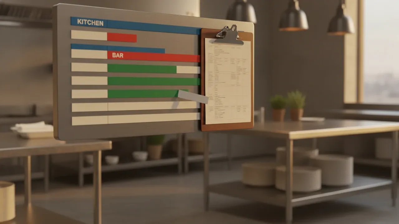 Manager updating shift role labels on a staff board while crew review a roster in a restaurant kitchen | Ordio