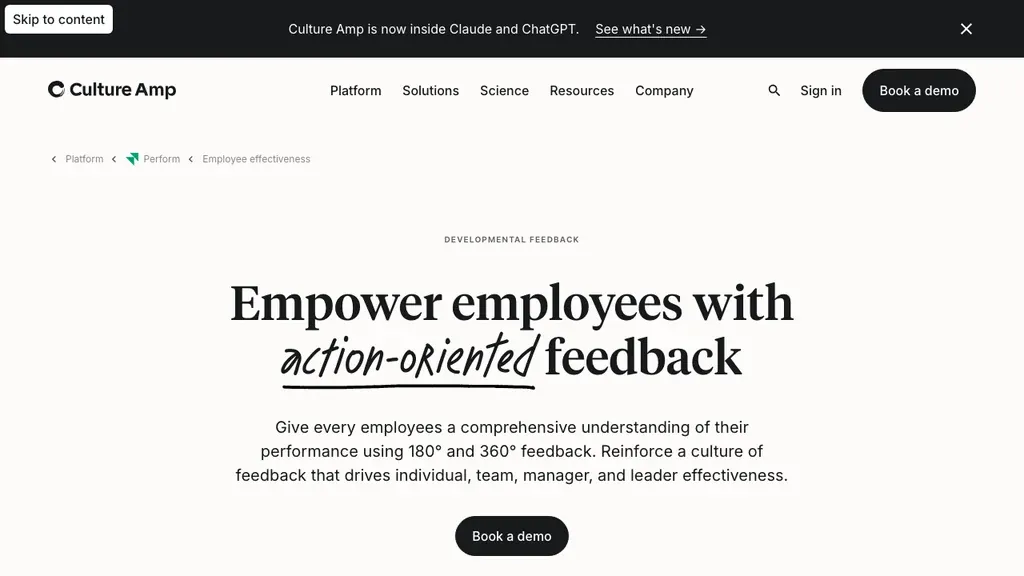 Culture Amp 360 degree feedback tool product page (screenshot September 2026)