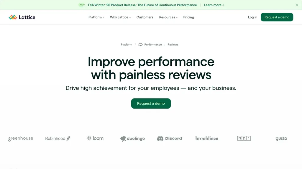 Lattice performance and 360 feedback software homepage (screenshot September 2026)