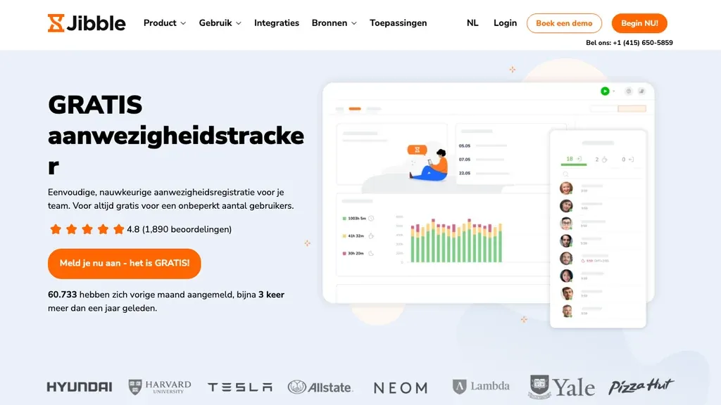 Jibble gratis aanwezigheidsregistratie app homepage (screenshot september 2026)