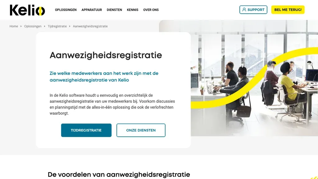 Kelio aanwezigheidsregistratie en tijdregistratie homepage (screenshot september 2026)