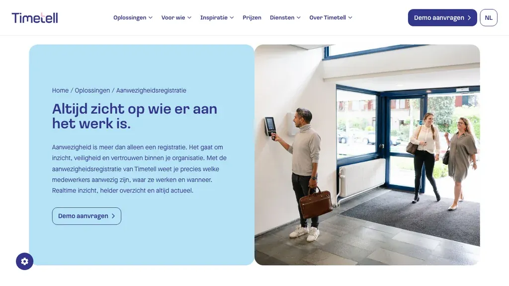 Timetell aanwezigheidsregistratie software homepage (screenshot september 2026)