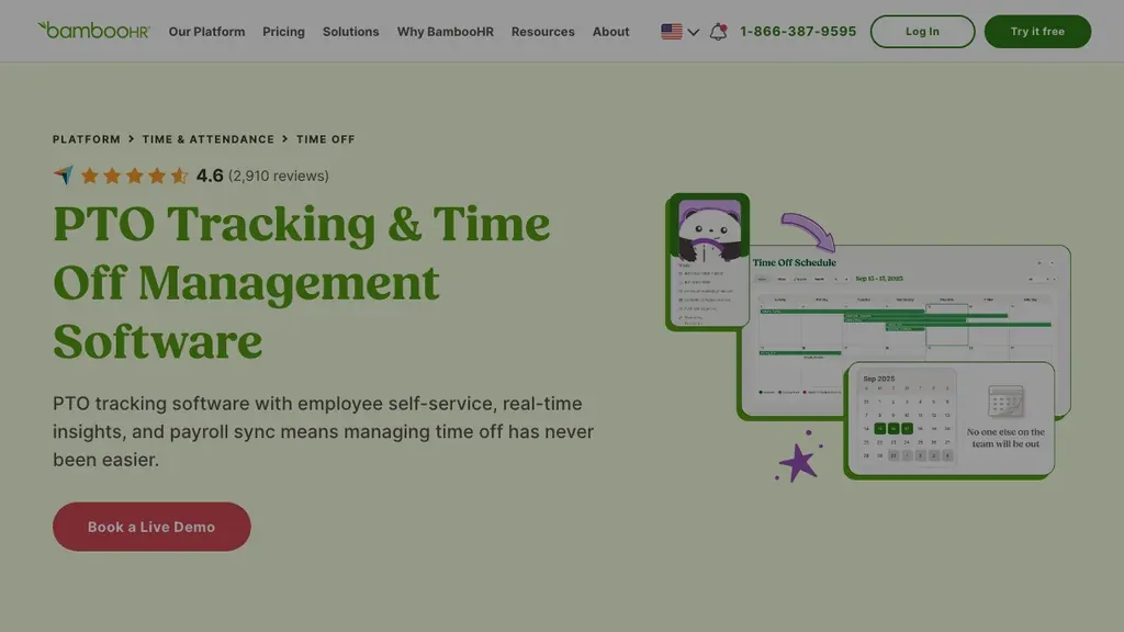 BambooHR time off and absence management homepage (screenshot July 2026)