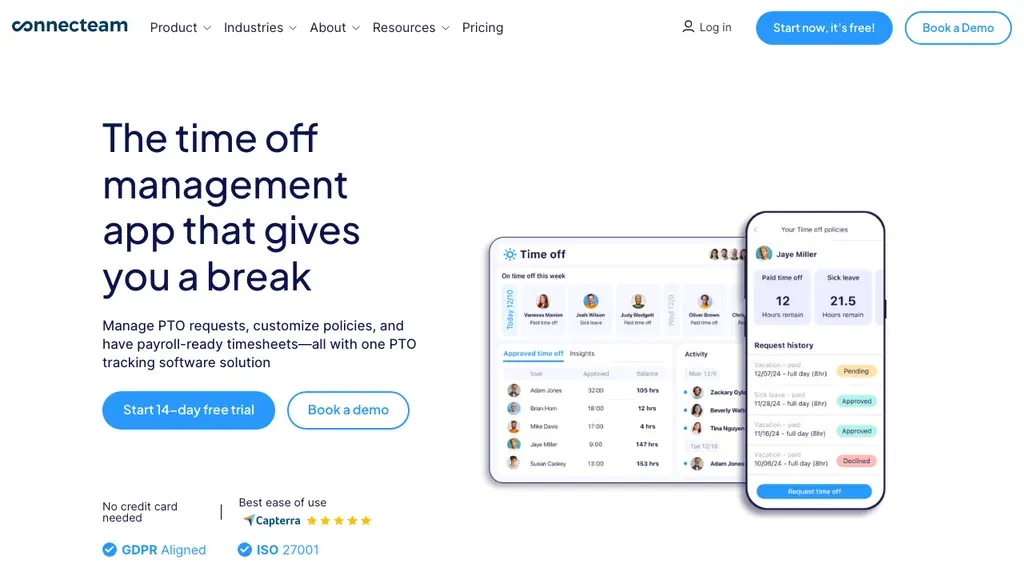 Connecteam PTO and absence management for deskless teams homepage (screenshot July 2026)