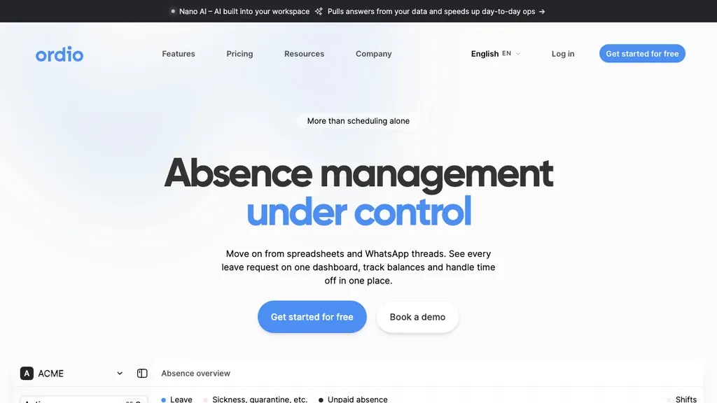 Ordio absence management software for shift teams homepage (screenshot July 2026)