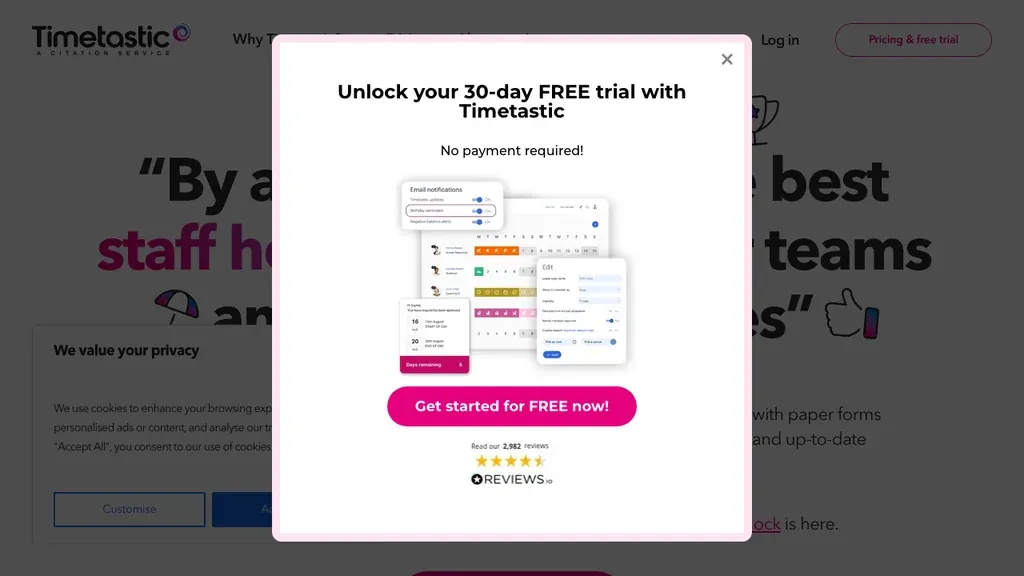 Timetastic leave and absence calendar software homepage (screenshot July 2026)