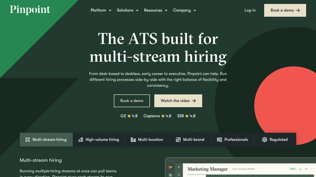 Pinpoint applicant tracking system homepage (screenshot July 2026)
