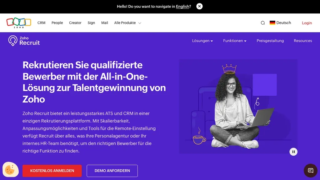 Zoho Recruit applicant tracking system homepage (screenshot July 2026)