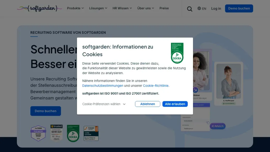 softgarden Bewerbermanagement Software Startseite (Screenshot Oktober 2026)