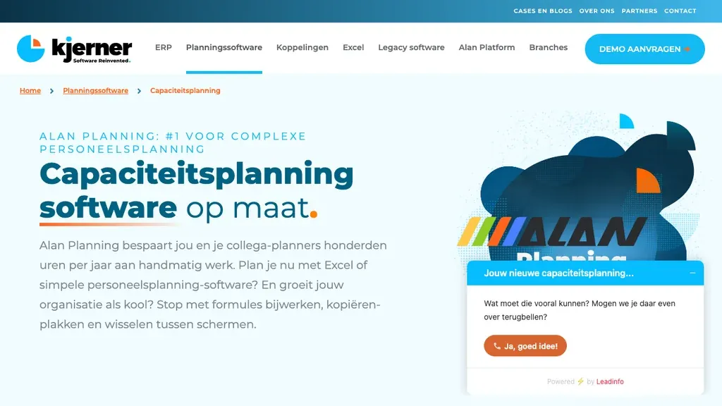 Kjerner capaciteitsplanning en rooster software homepage (screenshot september 2026)