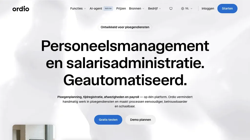 Ordio capaciteitsplanning en ploegenplanning homepage (screenshot september 2026)