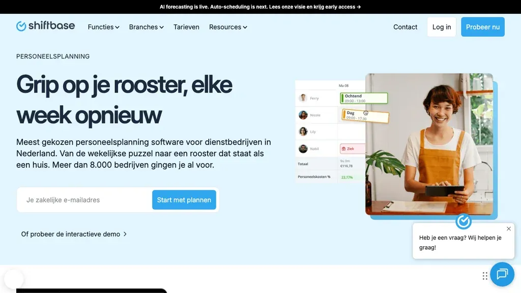 Shiftbase personeelsplanning en capaciteit homepage (screenshot september 2026)