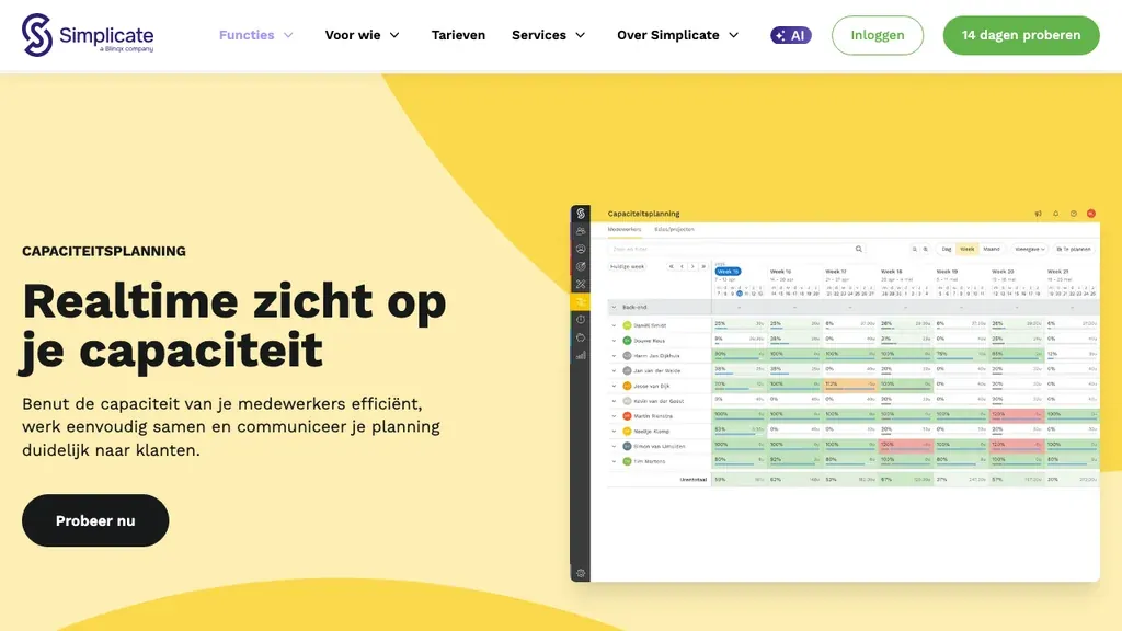 Simplicate planning software en capaciteitsplanning homepage (screenshot september 2026)