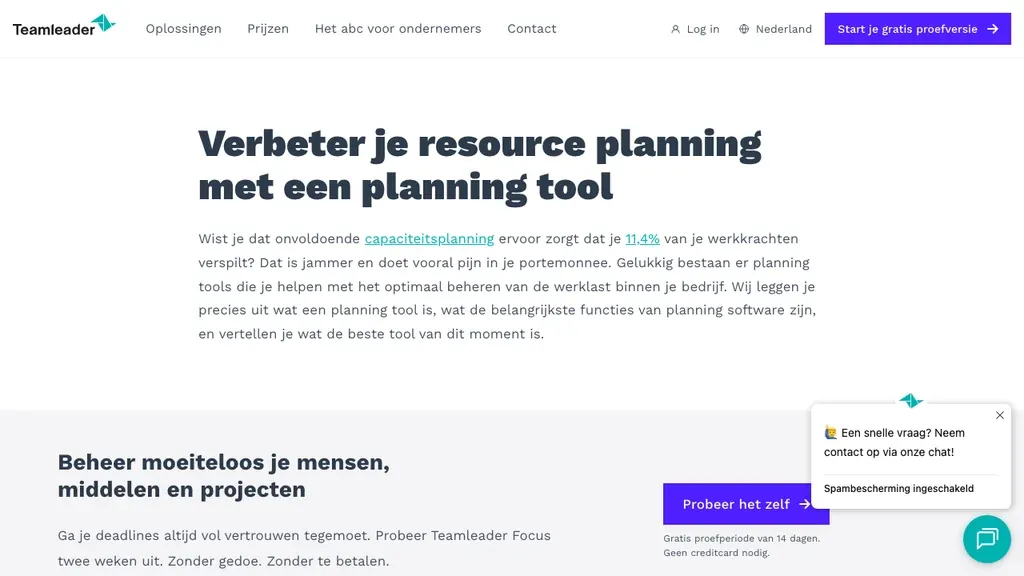 Teamleader planning tool en capaciteitsplanning homepage (screenshot september 2026)