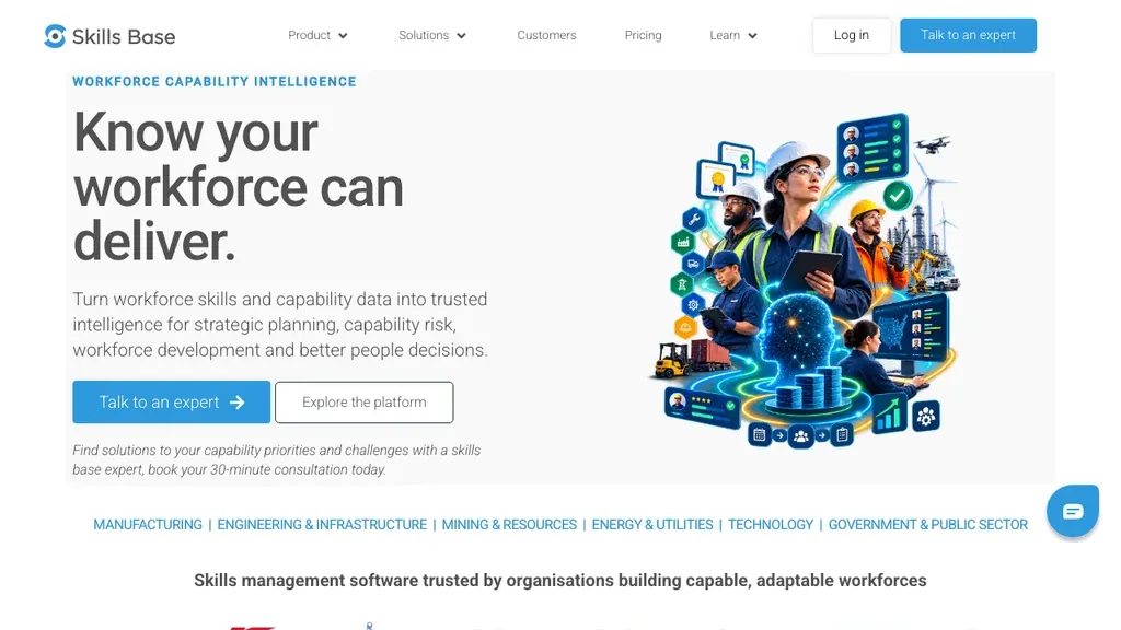 Skills-Base skills management and competency heatmap software homepage (screenshot September 2026)