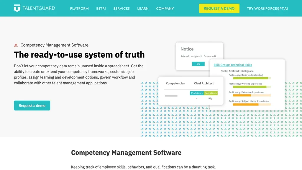 TalentGuard competency management and skills intelligence homepage (screenshot September 2026)