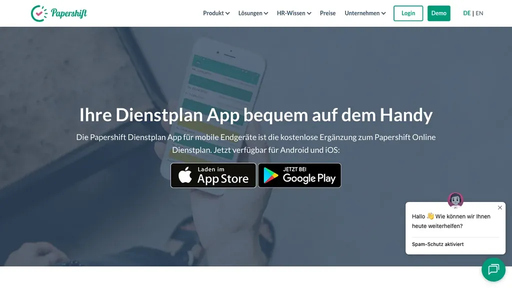 Papershift Dienstplan-App: Produktseite (Screenshot September 2026)