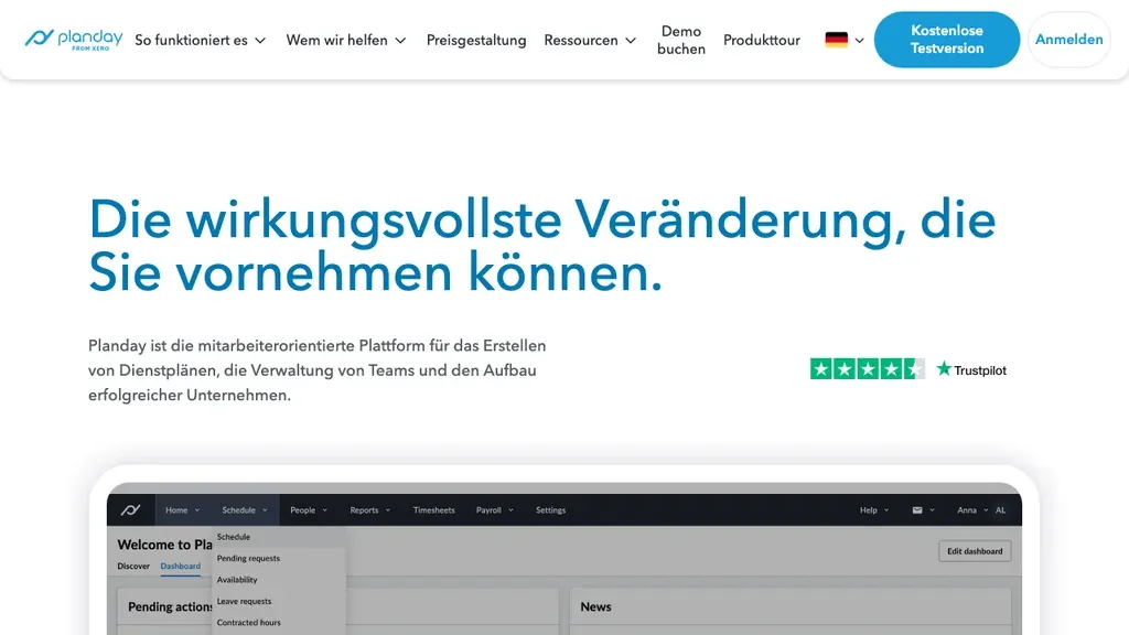 Planday Dienstplan-Software: Produktstartseite (Screenshot September 2026)
