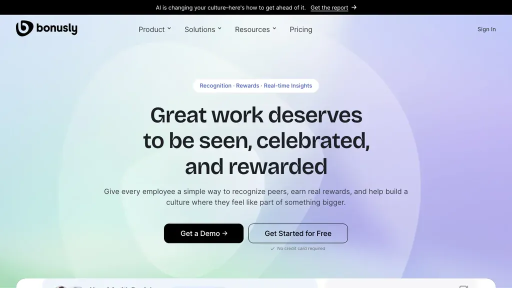 Bonusly peer recognition and employee engagement homepage (screenshot July 2026)