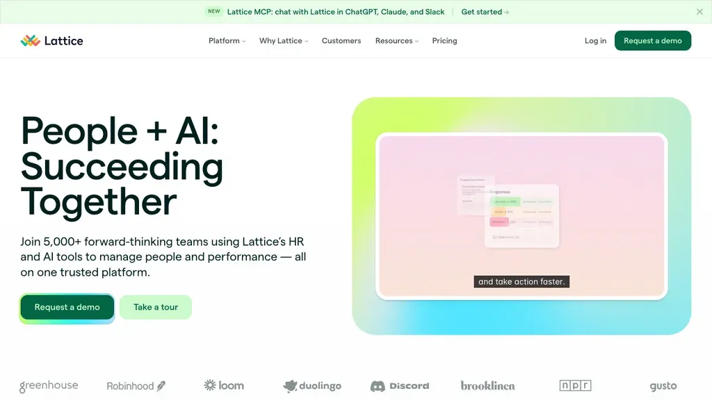 Lattice performance and employee engagement software homepage (screenshot July 2026)