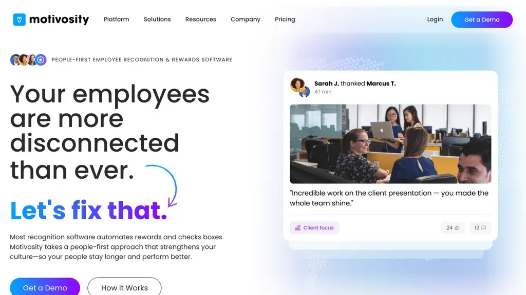 Motivosity employee recognition and engagement platform homepage (screenshot July 2026)